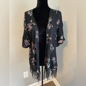 Alice Blue Floral Embroidered Kimono with fringe
